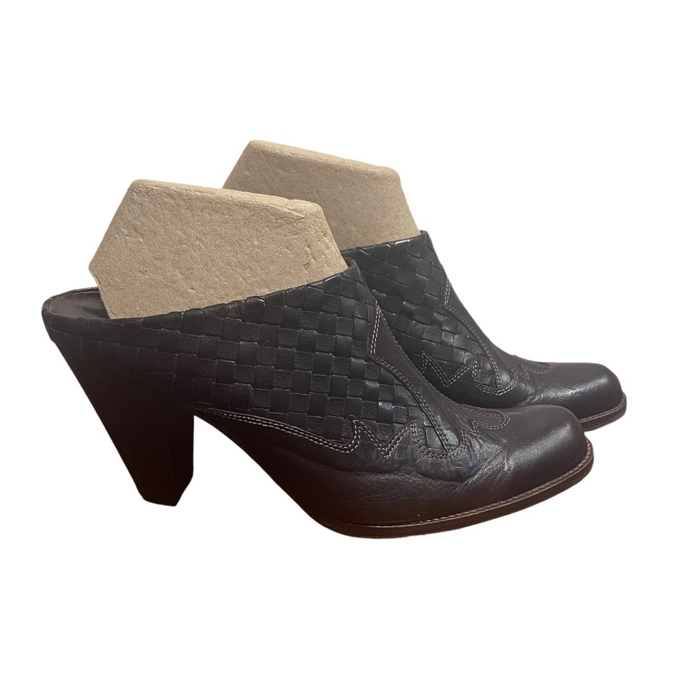 Sesto Meucci Women's Brown Woven Leather Western Heeled Mules Shoes Size 10.5